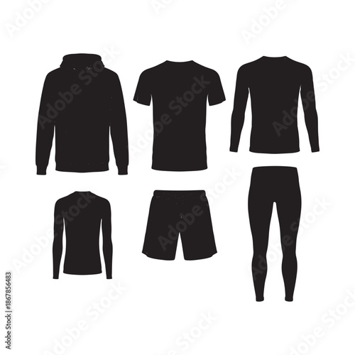 Black silhouette collection of athletic wear including shirts shorts and leggings