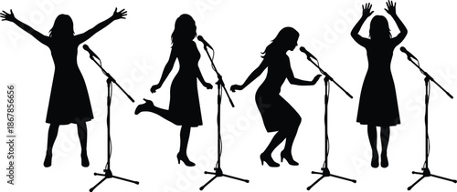 Female Singer Performance Silhouette Vector Illustration with Microphone Stand, Expressive Woman Singing on Stage, Music Concert and Live Show Concept Isolated on White Background