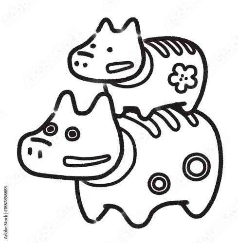 かわいい赤べこ親子の線画イラスト