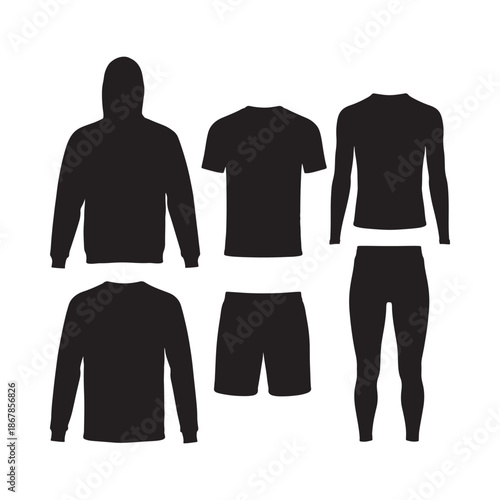 Black silhouette outlines of various athletic clothing items displayed neatly