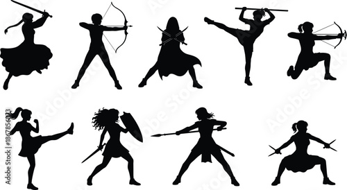 Female Warrior Silhouette Action Set Featuring Fantasy Fighters, Archers and Martial Arts Combat Poses for Games, Posters and Creative Designs
