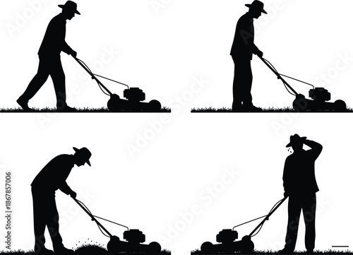 Gardener silhouettes mowing lawn in different poses, landscaping and garden maintenance concept, man using lawn mower, black silhouettes isolated on white background