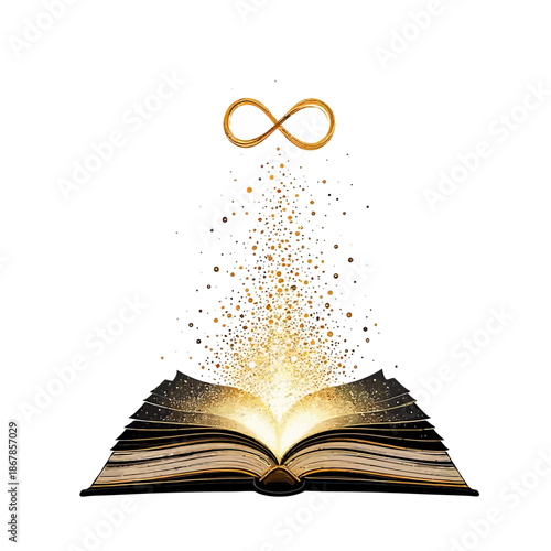 Open book with golden light, sparkling particles, and an infinity symbol rising above, symbolizing knowledge and endless possibilities.