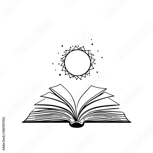 Hand-drawn illustration of an open book with fanned pages, beneath a radiating circular symbol, representing knowledge and enlightenment.