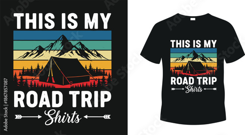 This is my road trip shirts design, retro vintage camping tent and mountain sunset vector illustration, cad drawing flat vector illustration.