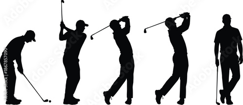 Golfer silhouettes showing complete golf swing sequence isolated on white background, professional sport motion, training technique, balance, and athletic performance illustration