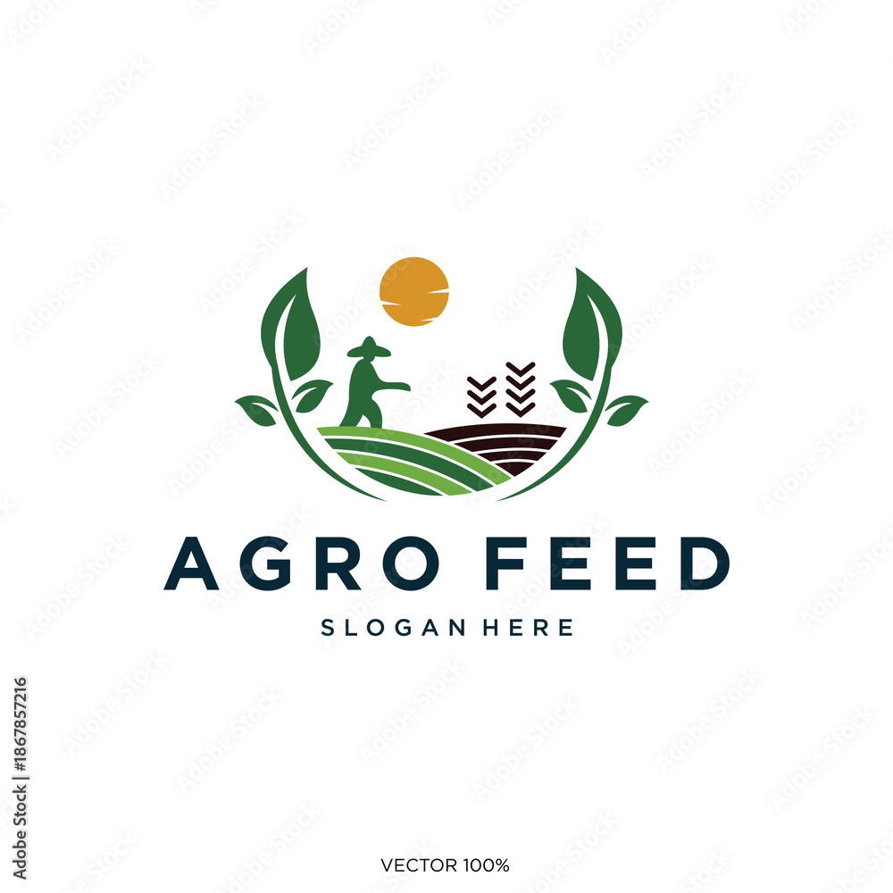 Fototapeta premium Sustainable Agriculture Agro Feed Brand Logo with Farmer and Crops