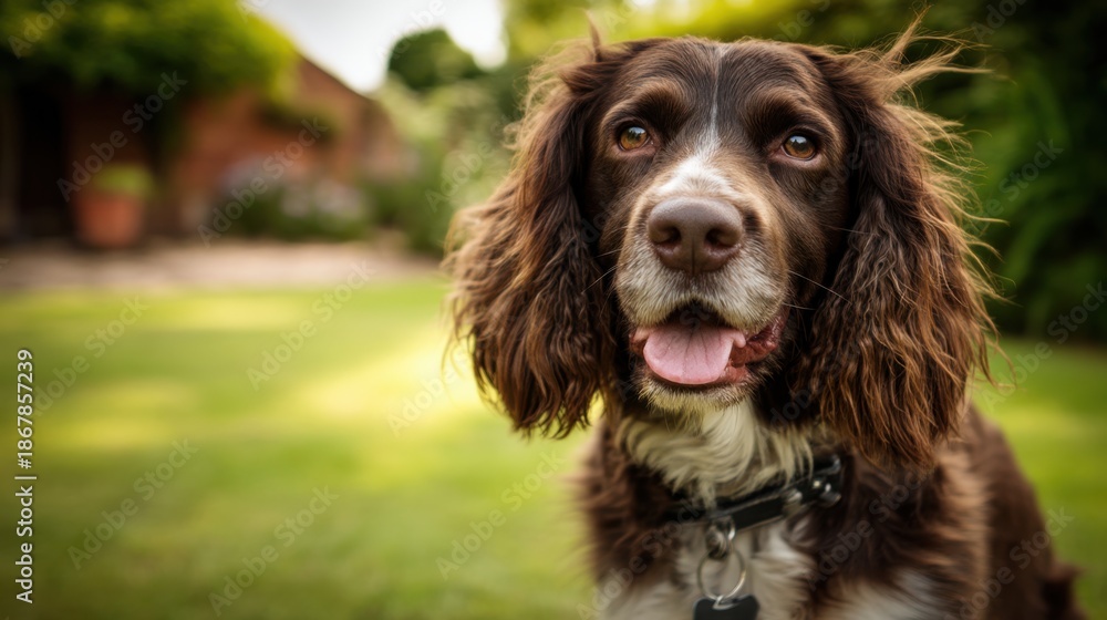 Obraz premium Happy Brown Springer Spaniel Dog Posing on Green Grass in Bright Spring Day with Joyful Expression