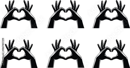 Hand gesture heart shape silhouettes pattern isolated on white background, love symbol, affection, romance, unity, emotion, modern graphic illustration