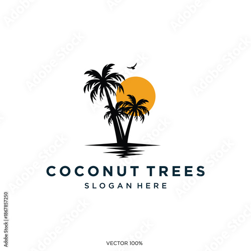 Tropical Sunset Coconut Trees Silhouette Logo