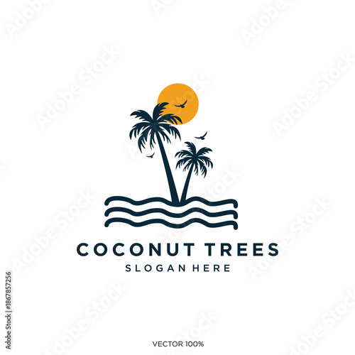 Tropical Coconut Trees Beach Sunset Logo