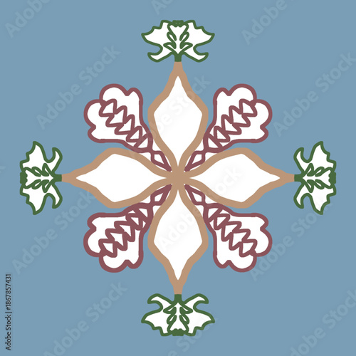 Earth Tone Symmetrical Decorative Floral Illustration with Blue Accent