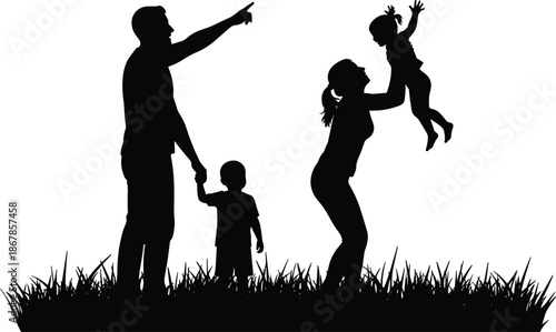 Happy family silhouettes spending time together outdoors, parents playing with children, love and bonding concept, black silhouettes isolated on white background