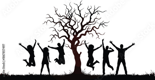 Happy people silhouettes jumping together near abstract tree symbolizing freedom, unity, youth energy, celebration, and joyful human connection on white background