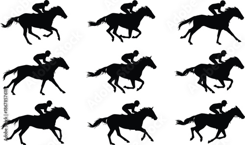 Horse Racing Silhouette Collection Showing Jockey Riding Galloping Thoroughbred Horses in Different Running Poses Isolated on White Background