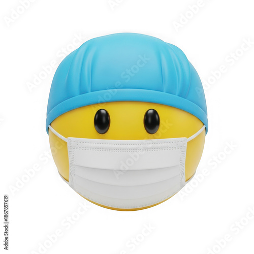 Yellow emoji wearing blue cap and white mask isolated on a transparent background