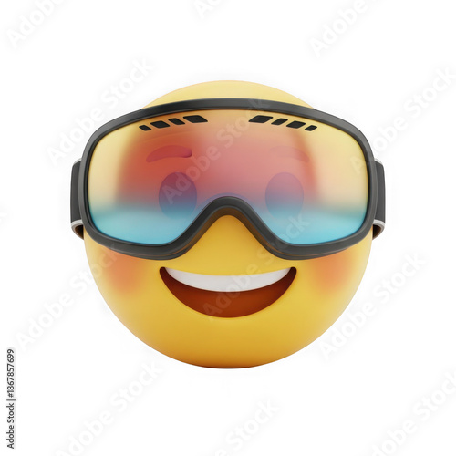 Yellow emoji wearing ski goggles isolated on a transparent background face smiling