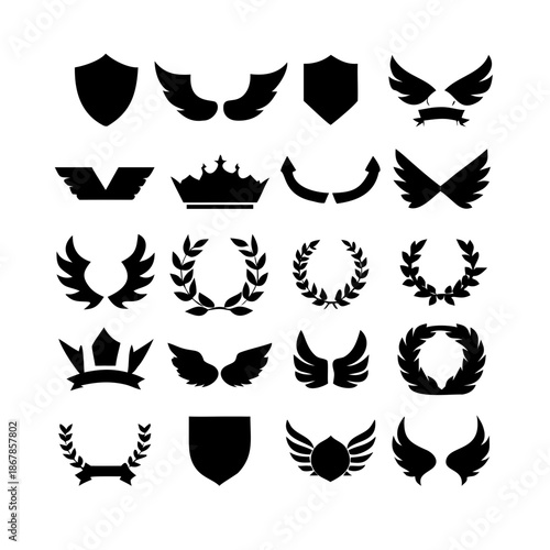 Collection of vector heraldic elements including laurel wreaths shields wings and ribbons perfect for creating logos or designs.
black-and-white vector pack of wreaths, shields, banners, and wings.