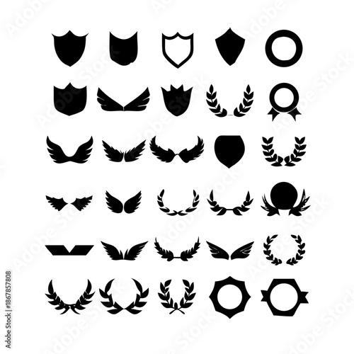 Collection of vector heraldic elements including laurel wreaths shields wings and ribbons perfect for creating logos or designs.
black-and-white vector pack of wreaths, shields, banners, and wings.
