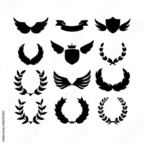 Collection of vector heraldic elements including laurel wreaths shields wings and ribbons perfect for creating logos or designs.
black-and-white vector pack of wreaths, shields, banners, and wings.