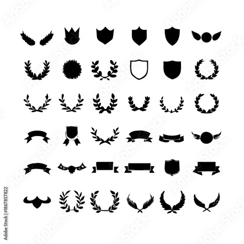 Collection of vector heraldic elements including laurel wreaths shields wings and ribbons perfect for creating logos or designs.
black-and-white vector pack of wreaths, shields, banners, and wings.