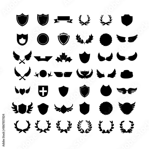 Collection of vector heraldic elements including laurel wreaths shields wings and ribbons perfect for creating logos or designs.
black-and-white vector pack of wreaths, shields, banners, and wings.