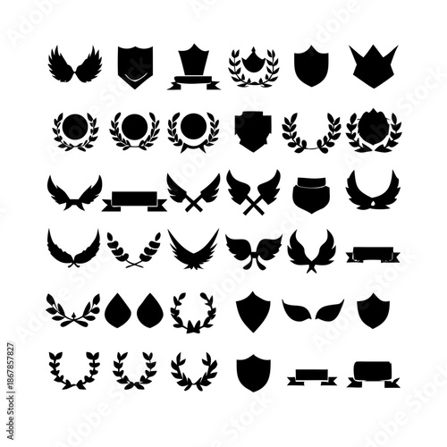 Collection of vector heraldic elements including laurel wreaths shields wings and ribbons perfect for creating logos or designs.
black-and-white vector pack of wreaths, shields, banners, and wings.