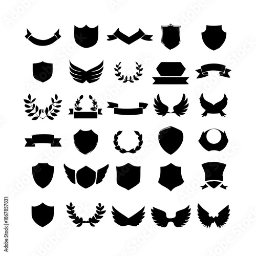 Collection of vector heraldic elements including laurel wreaths shields wings and ribbons perfect for creating logos or designs.
black-and-white vector pack of wreaths, shields, banners, and wings.