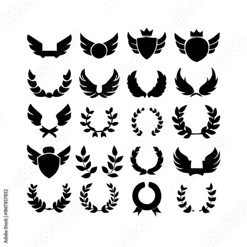 Collection of vector heraldic elements including laurel wreaths shields wings and ribbons perfect for creating logos or designs.
black-and-white vector pack of wreaths, shields, banners, and wings.