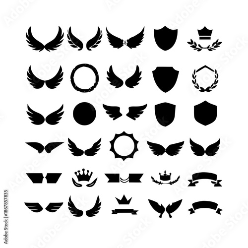 Collection of vector heraldic elements including laurel wreaths shields wings and ribbons perfect for creating logos or designs.
black-and-white vector pack of wreaths, shields, banners, and wings.