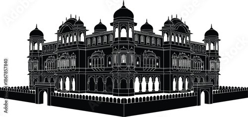 Indian palace silhouette, traditional fort architecture, Mughal dome design, Rajasthani heritage structure, ornate balcony vector, historical building illustration