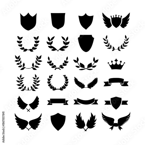 Collection of vector heraldic elements including laurel wreaths shields wings and ribbons perfect for creating logos or designs.
black-and-white vector pack of wreaths, shields, banners, and wings.