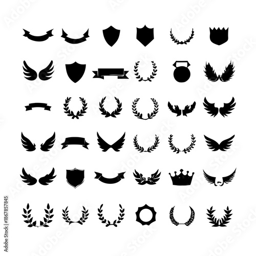 Collection of vector heraldic elements including laurel wreaths shields wings and ribbons perfect for creating logos or designs.
black-and-white vector pack of wreaths, shields, banners, and wings.