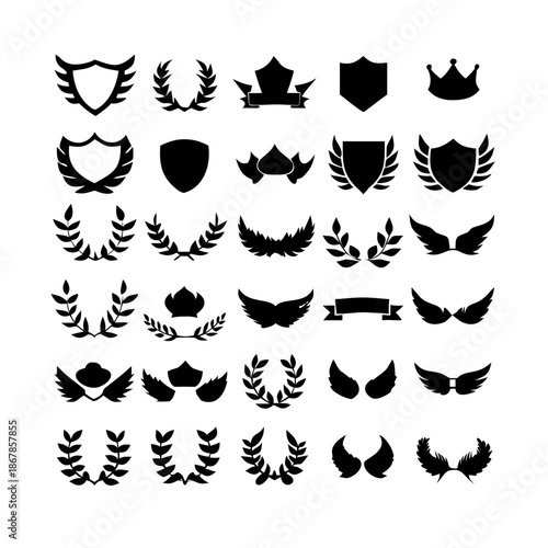 Collection of vector heraldic elements including laurel wreaths shields wings and ribbons perfect for creating logos or designs.
black-and-white vector pack of wreaths, shields, banners, and wings.