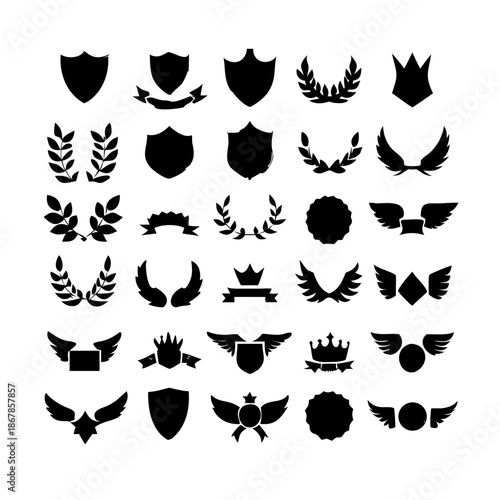 Collection of vector heraldic elements including laurel wreaths shields wings and ribbons perfect for creating logos or designs.
black-and-white vector pack of wreaths, shields, banners, and wings.
