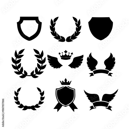 Collection of vector heraldic elements including laurel wreaths shields wings and ribbons perfect for creating logos or designs.
black-and-white vector pack of wreaths, shields, banners, and wings.