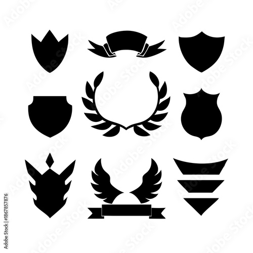 Collection of vector heraldic elements including laurel wreaths shields wings and ribbons perfect for creating logos or designs.
black-and-white vector pack of wreaths, shields, banners, and wings.