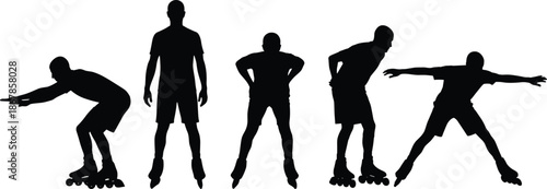 Inline roller skater silhouettes showing different action poses isolated on white background, urban fitness sport, balance, motion, speed, and training concept illustration