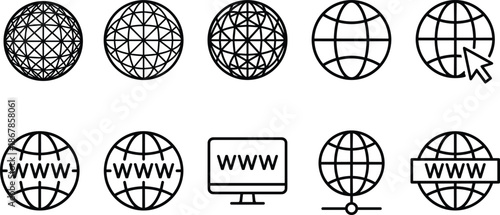 Internet icons, globe mesh, www symbols, web access, digital network, global communication, cursor globe, monitor www, vector symbols, flat design, simplified icons,
