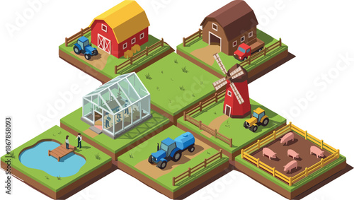 Isometric farm illustration with barns, greenhouse, windmill, tractors, pond, and livestock pens, modern agriculture landscape concept isolated on white background