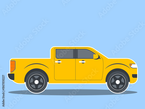 A four-door double cabin pickup truck model. Modern transportations illustration. Flat vector concept.	