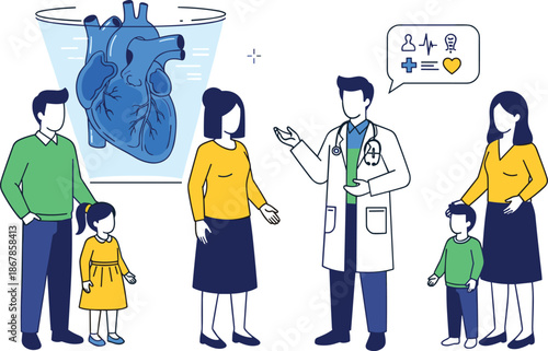 Doctor consulting family about heart health, cardiology care concept, medical diagnosis, healthy lifestyle advice, hospital clinic, vector illustration