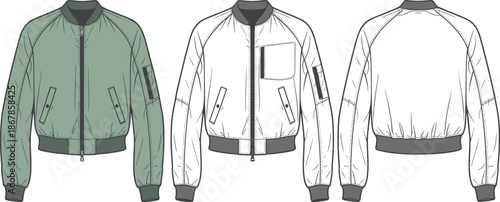Bomber jacket technical flat vector illustration cad drawing for fashion apparel design manufacturing reference front back view production template mockup