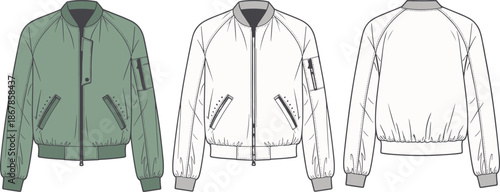 Bomber jacket technical flat vector illustration, cad drawing for fashion apparel design manufacturing reference front back view production template
