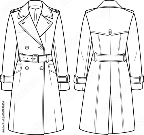 Classic trench coat fashion technical flat, detailed front and back outline, minimalist line art outerwear garment design, vector illustration style