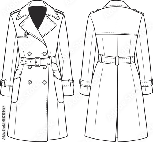 Classic women trench coat technical flat sketch, detailed front and back fashion design outline, elegant outerwear apparel template, vector illustration style