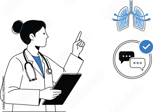 Doctor explaining lung health, digital medical consultation, respiratory care concept, online healthcare support, telemedicine service, professional advice, vector illustration