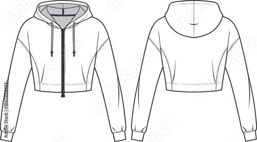 Cropped zip hoodie technical flat vector illustration, cad drawing for fashion apparel design manufacturing reference front back view production template