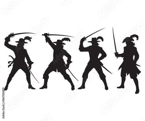 Set of Swashbuckler Pirate Silhouettes with Sabers and Rapiers