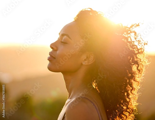 Profile portrait of a woman with curly hair, eyes closed, bathed in sunlight